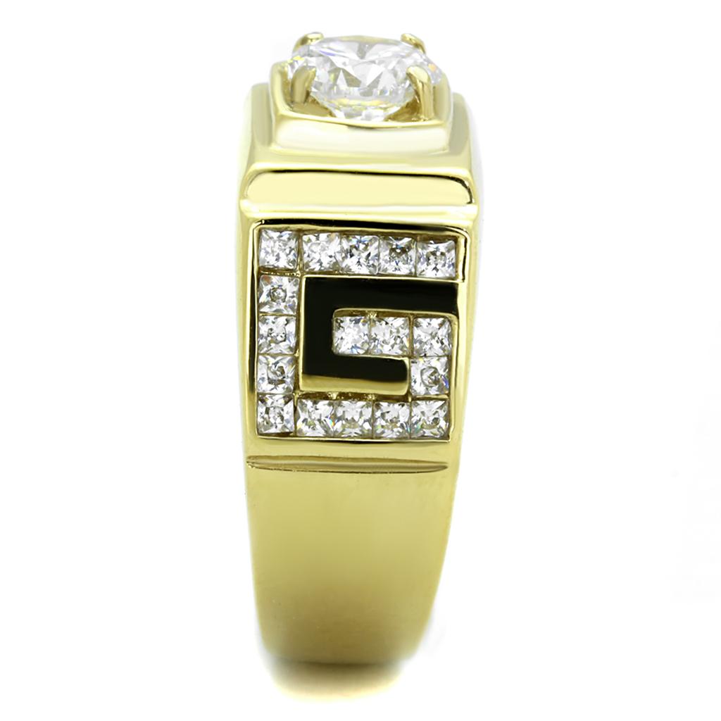 TK2045 IP Gold Stainless Steel Ring featuring a clear AAA Grade CZ center stone, showcasing its elegant design and luxurious finish.