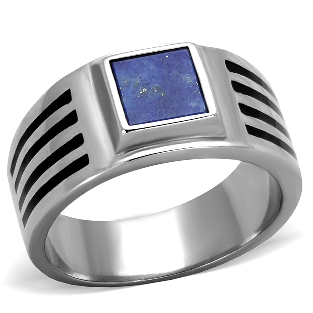 High polished stainless steel ring featuring a beautiful Lapis stone centerpiece, showcasing a sleek and modern design.