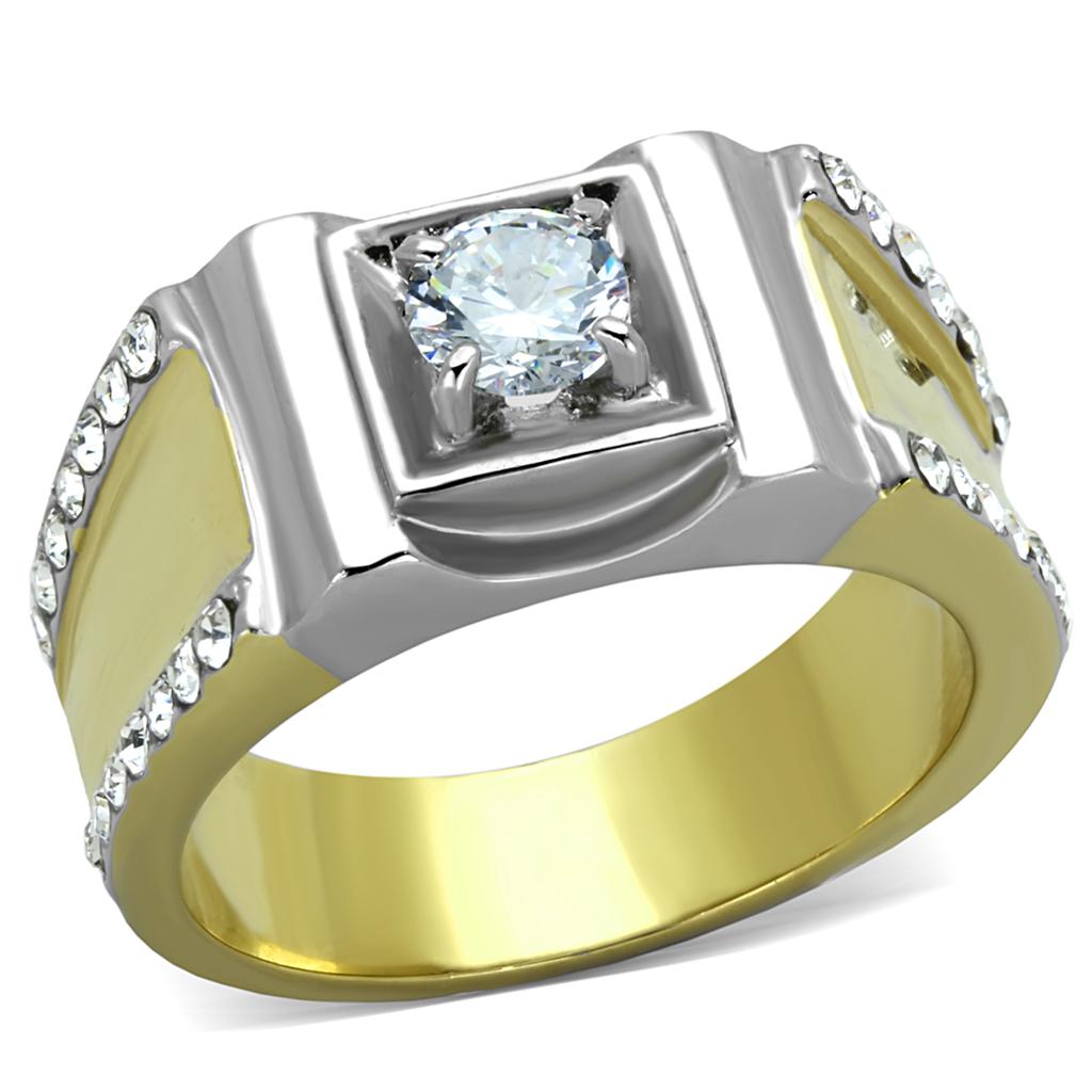 TK2049 Two-Tone IP Gold Stainless Steel Ring featuring a clear AAA grade cubic zirconia stone, showcasing a luxurious and elegant design.