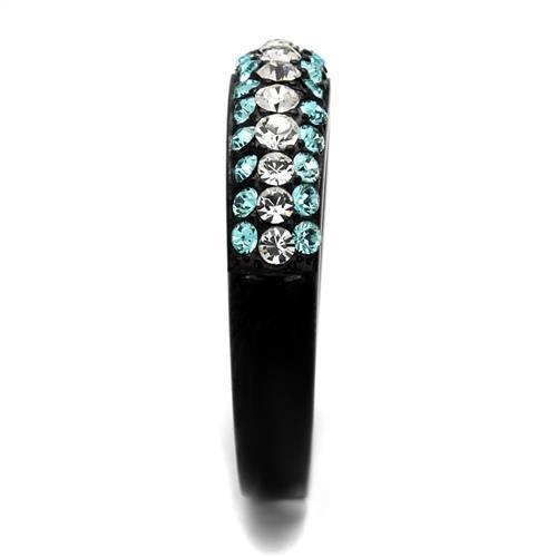 TK2205 IP Black Stainless Steel Ring featuring a sea blue top grade crystal, showcasing its elegant design and durable finish.
