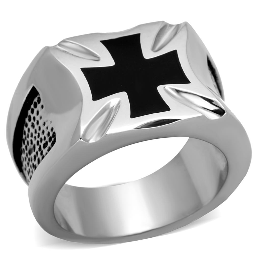 TK2064 High Polished Stainless Steel Ring featuring a jet epoxy center stone, showcasing a sleek and elegant design.