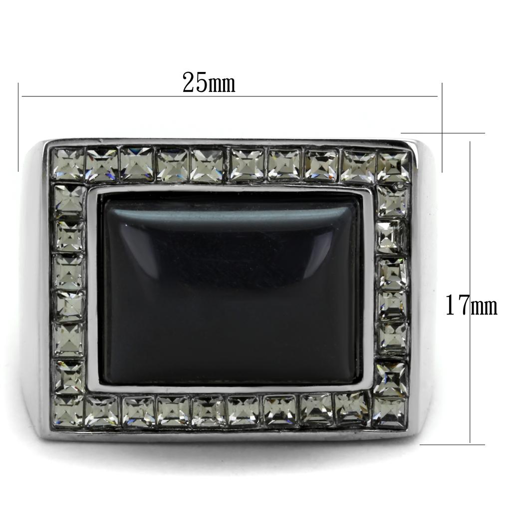 TK2065 High Polished Stainless Steel Ring featuring a synthetic Cat Eye stone in Smoked Quartz, showcasing a sleek and modern design.