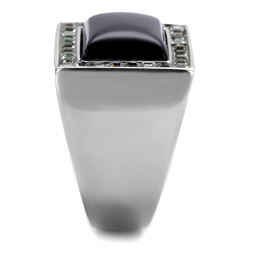 TK2065 High Polished Stainless Steel Ring featuring a synthetic Cat Eye stone in Smoked Quartz, showcasing a sleek and modern design.