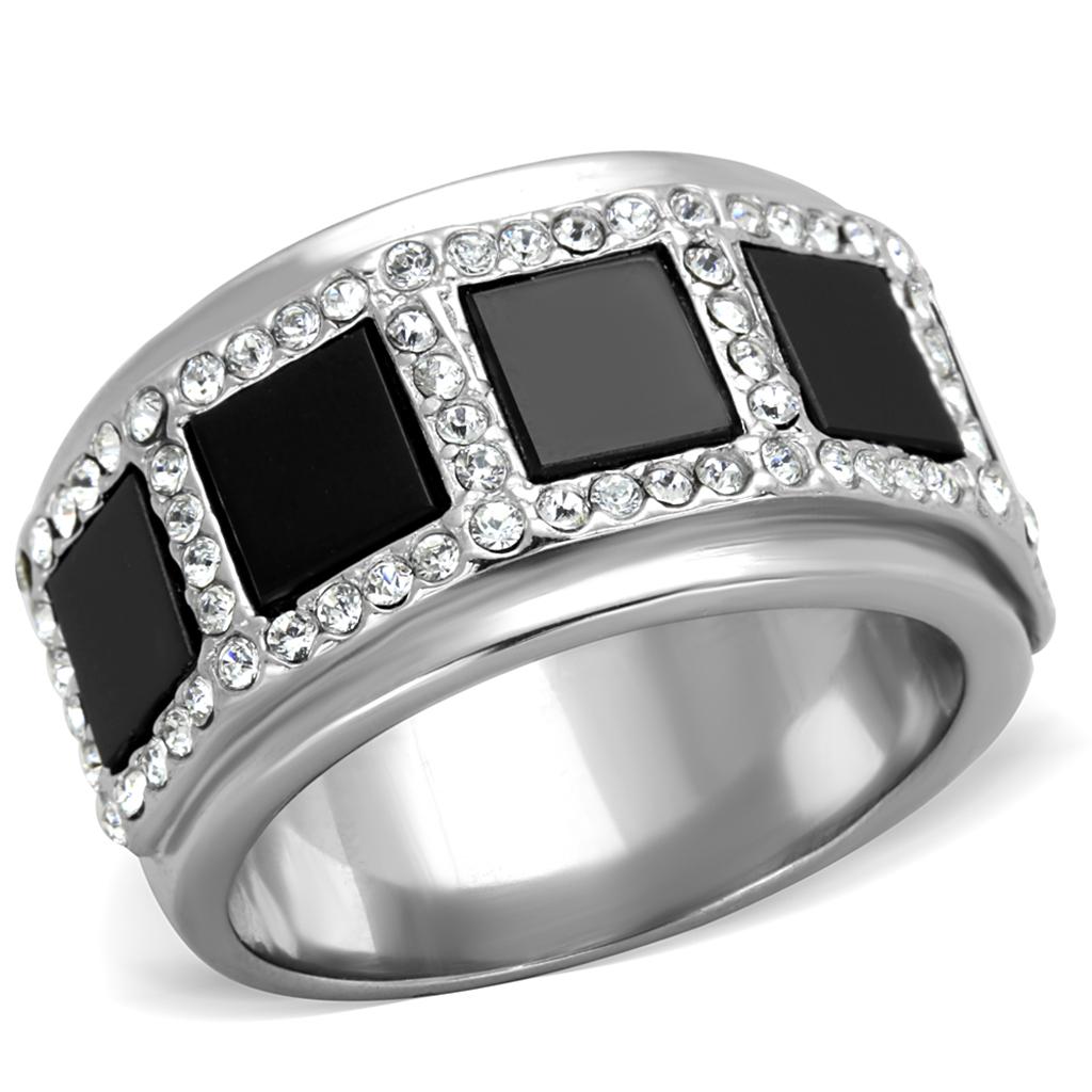 TK2067 High Polished Stainless Steel Ring featuring a synthetic onyx stone, showcasing a sleek and shiny design.
