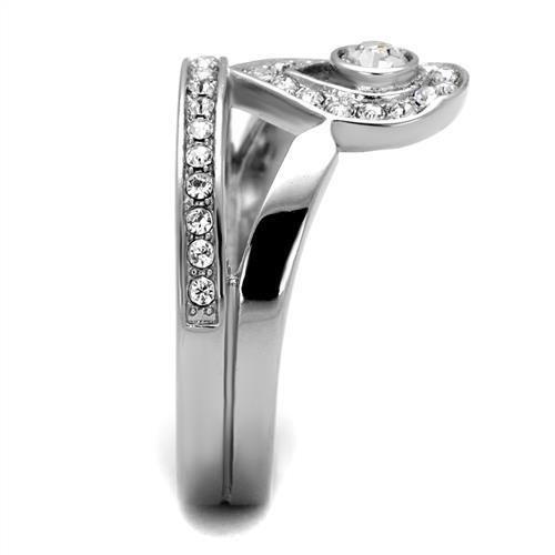 TK2095 High Polished Stainless Steel Ring featuring a clear top grade crystal centerpiece, showcasing its elegant design and shiny finish.
