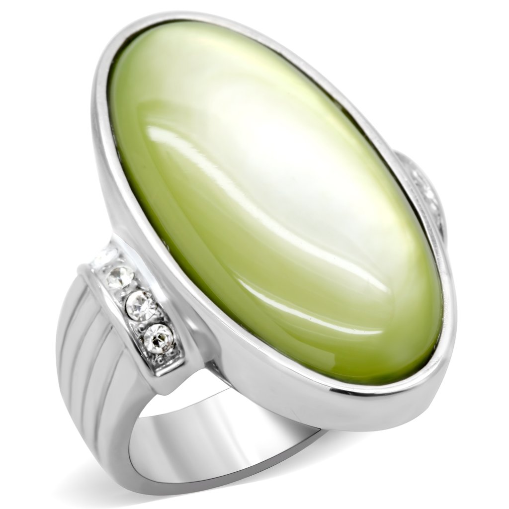 TK211 High Polished Stainless Steel Ring featuring a vibrant Apple Green Conch stone, showcasing its sleek design and polished finish.
