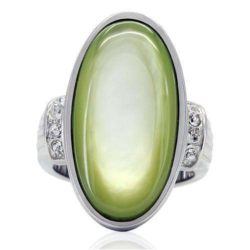 TK211 High Polished Stainless Steel Ring featuring a vibrant Apple Green Conch stone, showcasing its sleek design and polished finish.