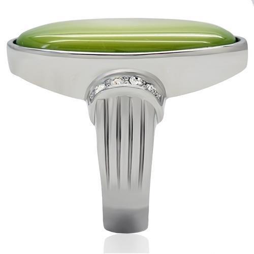 TK211 High Polished Stainless Steel Ring featuring a vibrant Apple Green Conch stone, showcasing its sleek design and polished finish.