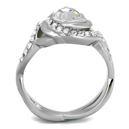 TK2111 High Polished Stainless Steel Ring featuring a clear top-grade crystal, showcasing its elegant design and shiny finish.