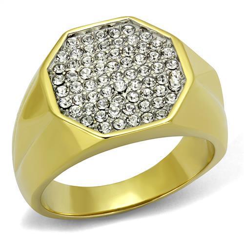 TK2221 Two-Tone IP Gold Stainless Steel Ring featuring a clear top-grade crystal centerpiece, showcasing elegance and durability.