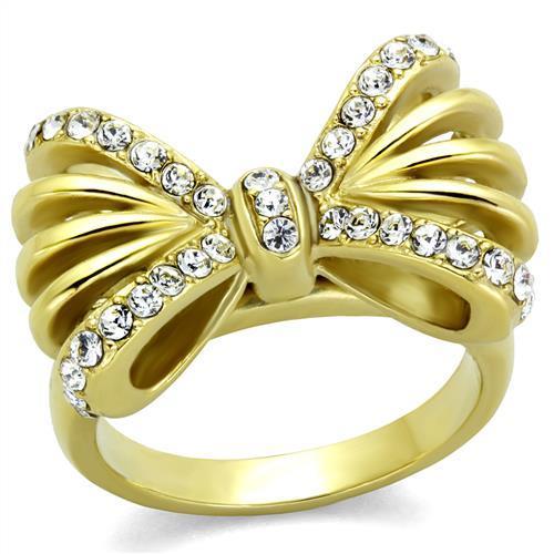 TK2128 IP Gold Stainless Steel Ring featuring a clear top-grade crystal centerpiece, showcasing a luxurious design.