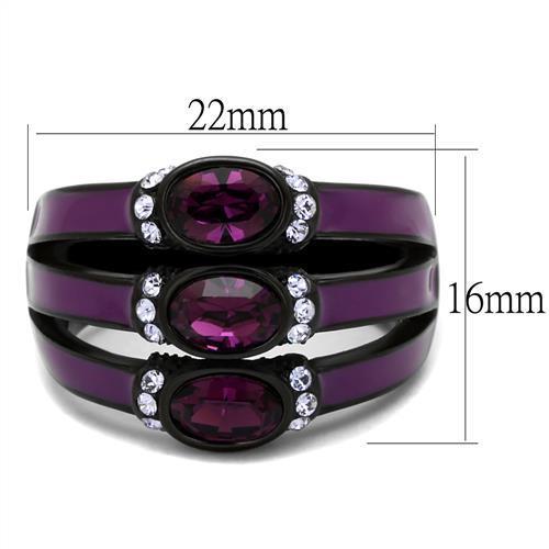 TK2213 IP Black Stainless Steel Ring featuring a top-grade amethyst crystal centerpiece, showcasing a sleek and modern design.