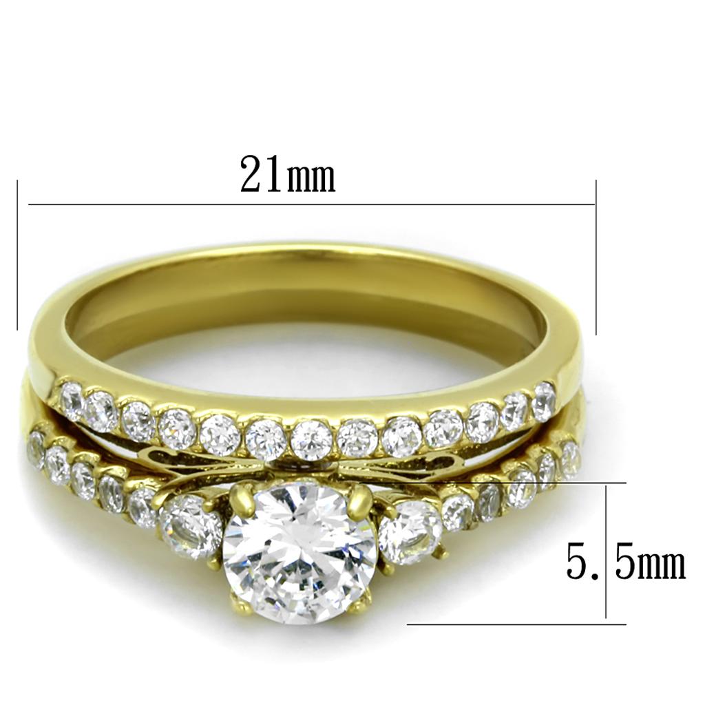 TK2133 IP Gold Stainless Steel Ring featuring a clear AAA Grade CZ center stone, showcasing its elegant design and luxurious finish.