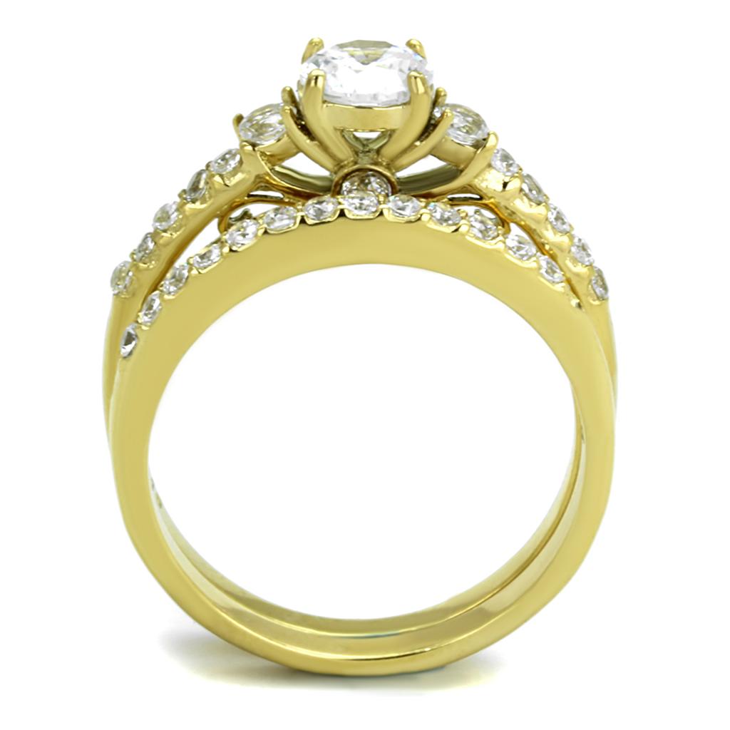 TK2133 IP Gold Stainless Steel Ring featuring a clear AAA Grade CZ center stone, showcasing its elegant design and luxurious finish.