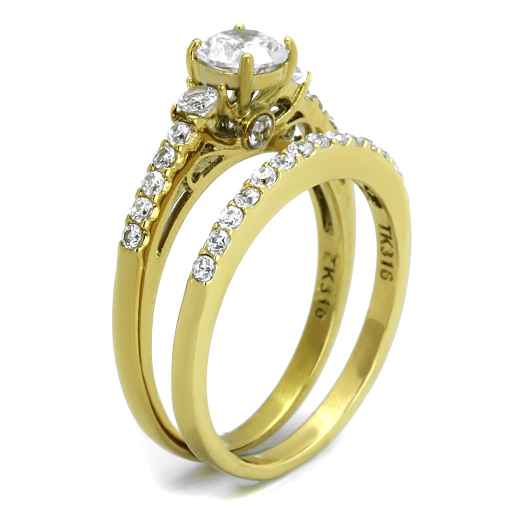 TK2133 IP Gold Stainless Steel Ring featuring a clear AAA Grade CZ center stone, showcasing its elegant design and luxurious finish.