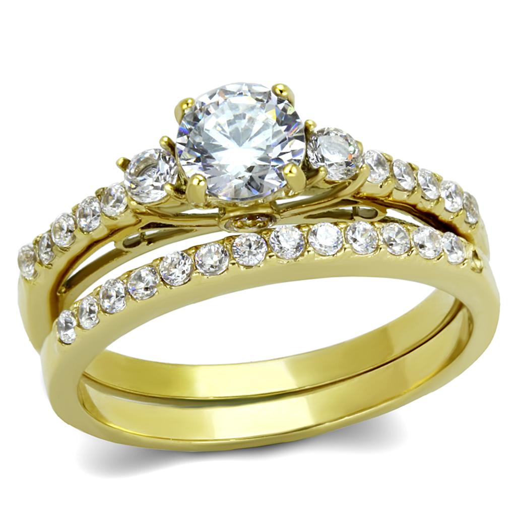 TK2133 IP Gold Stainless Steel Ring featuring a clear AAA Grade CZ center stone, showcasing its elegant design and luxurious finish.