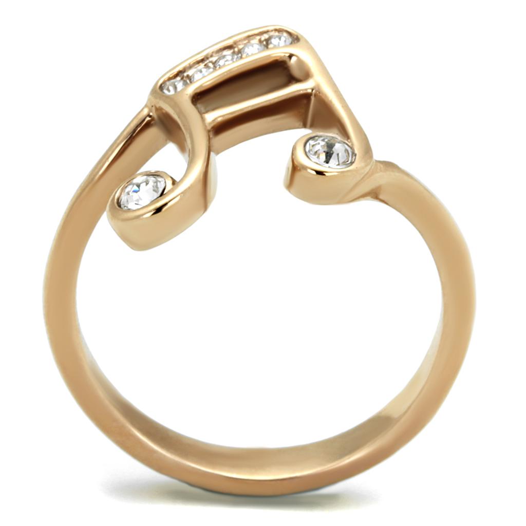 TK2130 IP Rose Gold Stainless Steel Ring featuring a clear top-grade crystal centerpiece, showcasing elegance and durability.