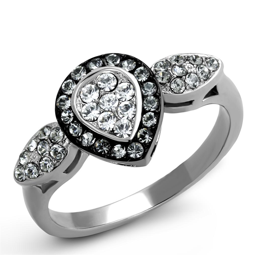 TK2136 Two-Tone IP Black Stainless Steel Ring featuring a black diamond-like top grade crystal centerpiece, showcasing a modern and elegant design.