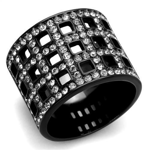 TK2155 IP Black Stainless Steel Ring with Top Grade Crystal and black diamond color, showcasing a sleek and modern design.