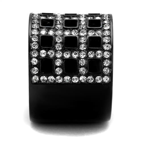 TK2155 IP Black Stainless Steel Ring with Top Grade Crystal and black diamond color, showcasing a sleek and modern design.