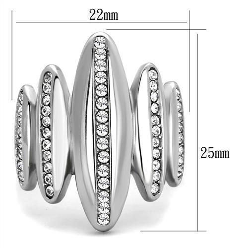 TK2156 High Polished Stainless Steel Ring featuring a clear top-grade crystal centerpiece, showcasing its elegant design and shine.