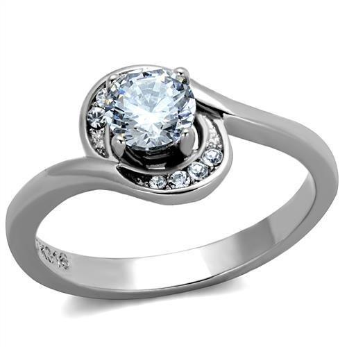 TK2116 High Polished Stainless Steel Ring featuring a clear AAA Grade CZ center stone, showcasing its elegant design and shine.