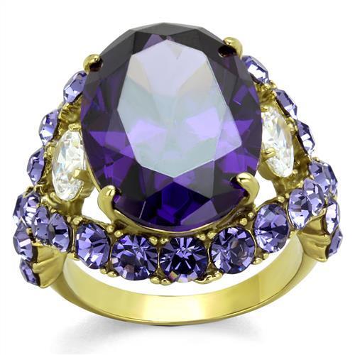 TK2160 IP Gold Stainless Steel Ring featuring AAA Grade CZ in Amethyst color, showcasing its elegant design and luxurious finish.