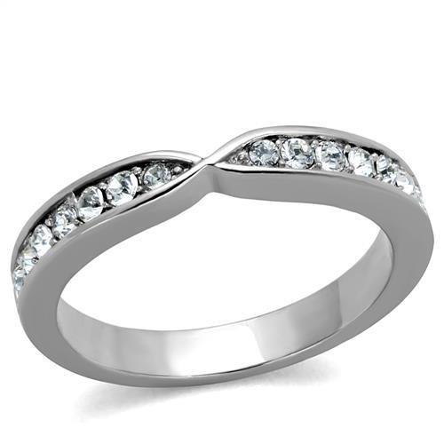 High polished stainless steel ring featuring a clear top-grade crystal centerpiece, showcasing a sleek and modern design.