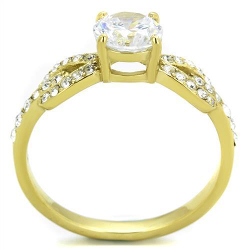 TK2168 IP Gold Stainless Steel Ring featuring AAA Grade clear CZ stone, showcasing its elegant design and luxurious finish.
