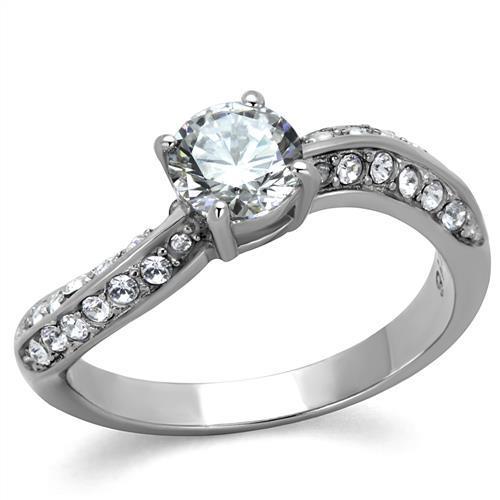 TK2171 High Polished Stainless Steel Ring featuring a clear AAA Grade CZ stone, showcasing its elegant design and shine.