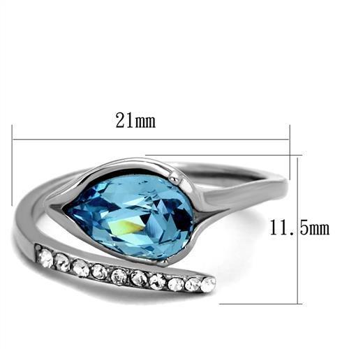 High polished stainless steel ring featuring a sea blue top grade crystal, showcasing elegance and durability.