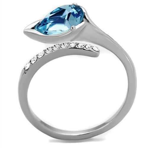 High polished stainless steel ring featuring a sea blue top grade crystal, showcasing elegance and durability.