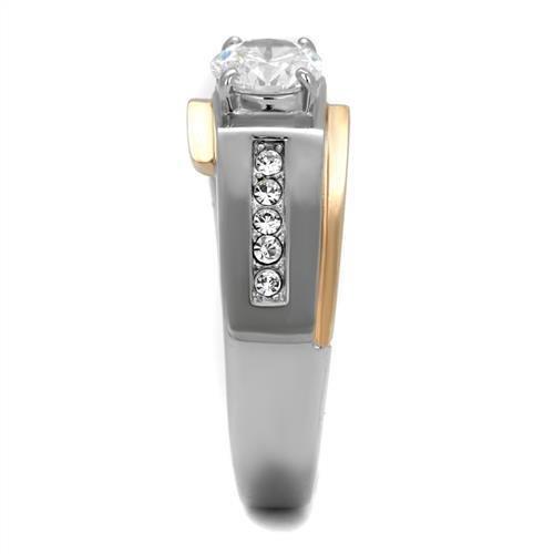 TK2218 Two-Tone IP Rose Gold Stainless Steel Ring featuring a clear AAA Grade CZ stone, showcasing its elegant design and craftsmanship.