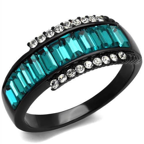 TK2190 IP Black Stainless Steel Ring featuring a blue zircon center stone, showcasing a modern design with a sleek finish.