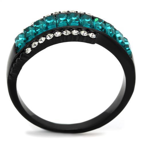 TK2190 IP Black Stainless Steel Ring featuring a blue zircon center stone, showcasing a modern design with a sleek finish.
