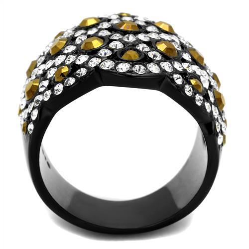 TK2197 IP Black Stainless Steel Ring featuring a top-grade crystal centerpiece in metallic light gold color, showcasing a modern and elegant design.