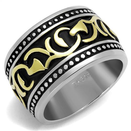 TK2234 Two-Tone IP Gold Stainless Steel Ring featuring a jet epoxy stone, showcasing its elegant design and durable materials.