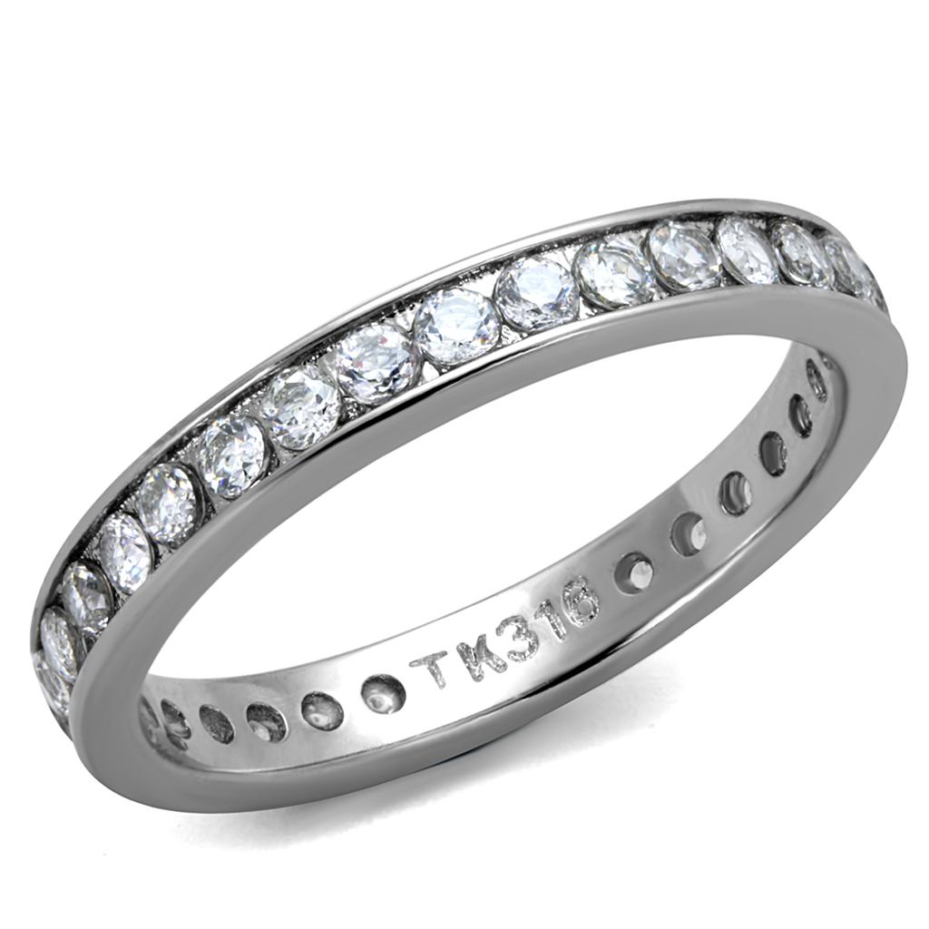 TK2343 High Polished Stainless Steel Ring featuring a clear AAA Grade CZ center stone, showcasing its elegant design and shiny finish.