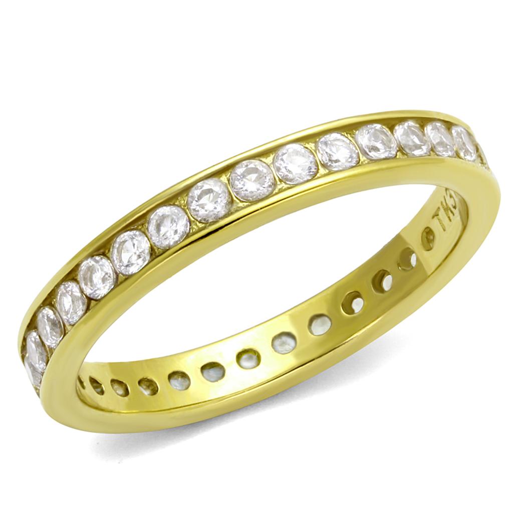 TK2343G IP Gold Stainless Steel Ring featuring a clear AAA Grade CZ center stone, showcasing its elegant design and luxurious finish.