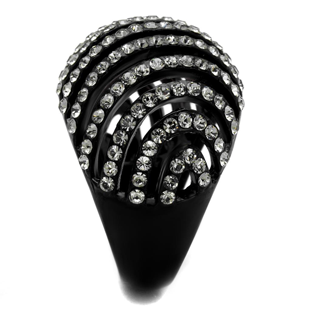 TK2345 IP Black Stainless Steel Ring featuring a top-grade black diamond crystal, showcasing a modern design with a sleek finish.