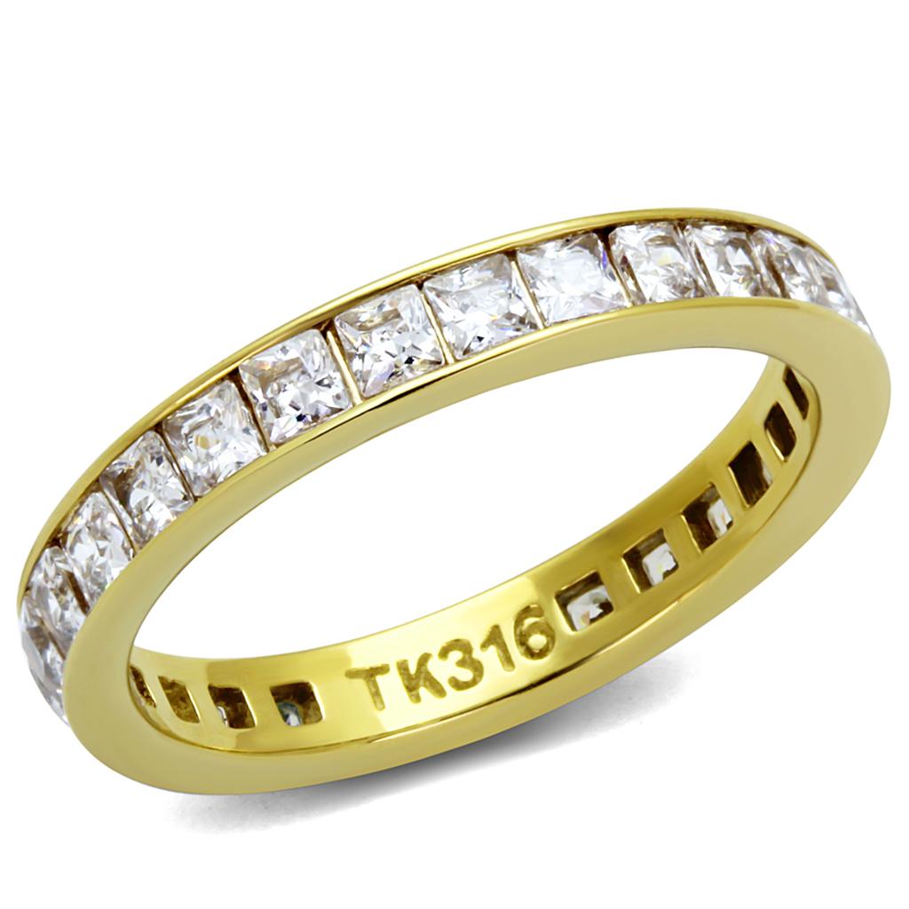 TK2344G IP Gold Stainless Steel Ring featuring a clear AAA Grade CZ stone, showcasing its elegant design and luxurious finish.
