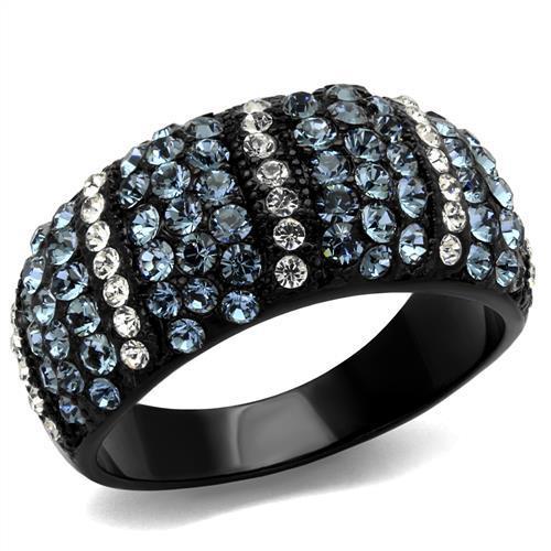 Black ring with blue and clear gemstones