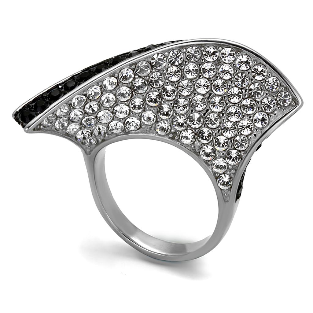 TK2361 Two-Tone IP Black Stainless Steel Ring featuring a jet-colored top-grade crystal centerpiece, showcasing a modern and elegant design.