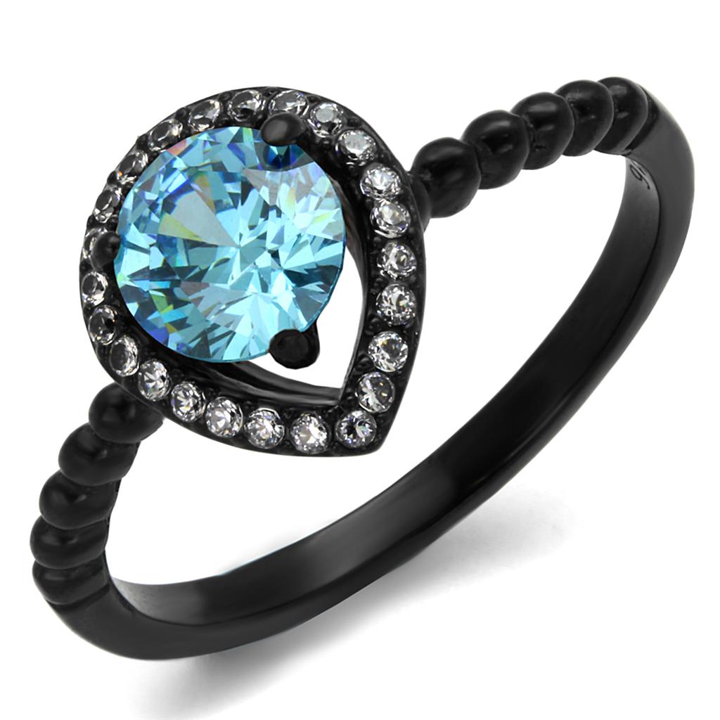 TK2364 IP Black Stainless Steel Ring featuring a sea blue AAA Grade CZ stone, showcasing its elegant design and modern finish.