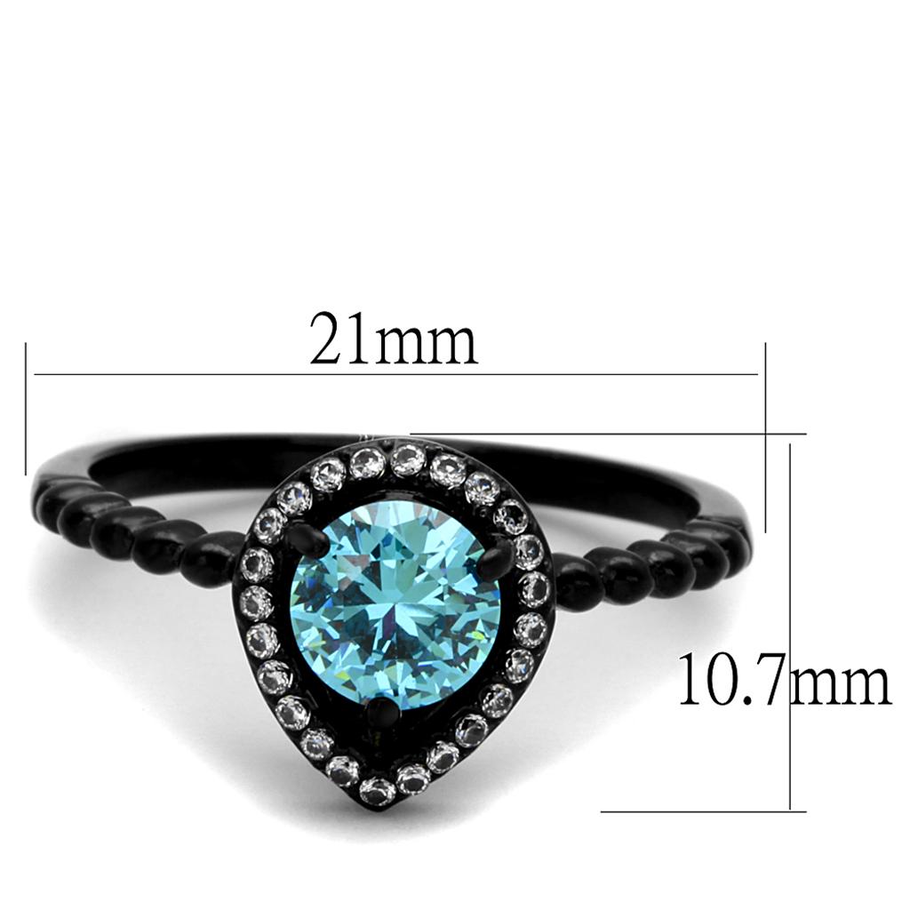 TK2364 IP Black Stainless Steel Ring featuring a sea blue AAA Grade CZ stone, showcasing its elegant design and modern finish.