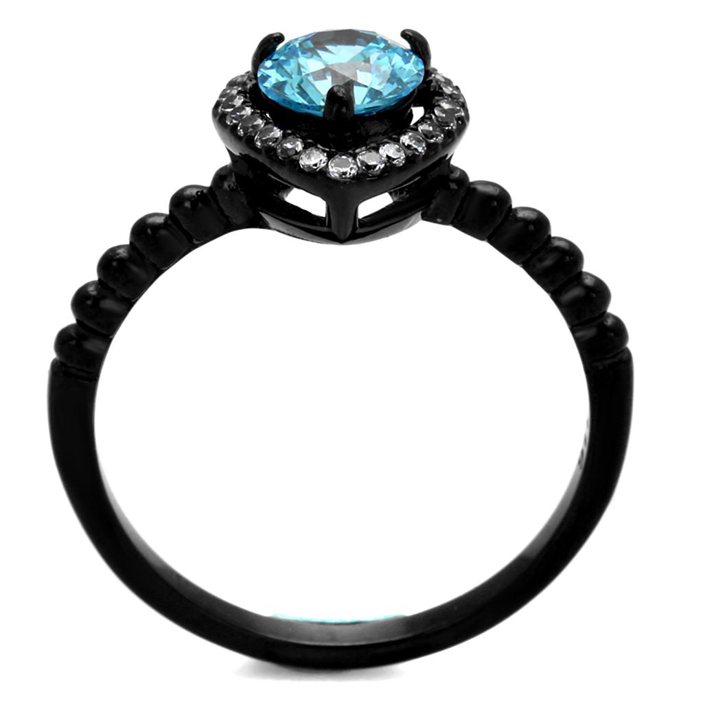 TK2364 IP Black Stainless Steel Ring featuring a sea blue AAA Grade CZ stone, showcasing its elegant design and modern finish.