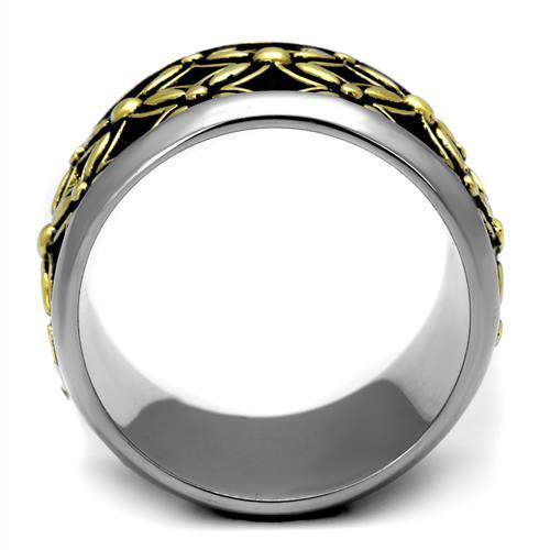 TK2237 Two-Tone IP Gold Stainless Steel Ring featuring a jet epoxy stone, showcasing its elegant design and durable material.