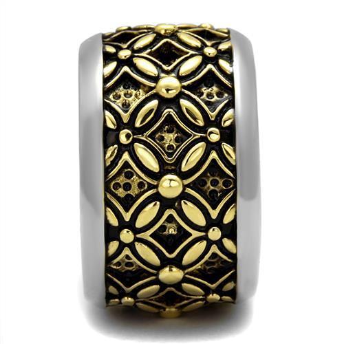 TK2237 Two-Tone IP Gold Stainless Steel Ring featuring a jet epoxy stone, showcasing its elegant design and durable material.