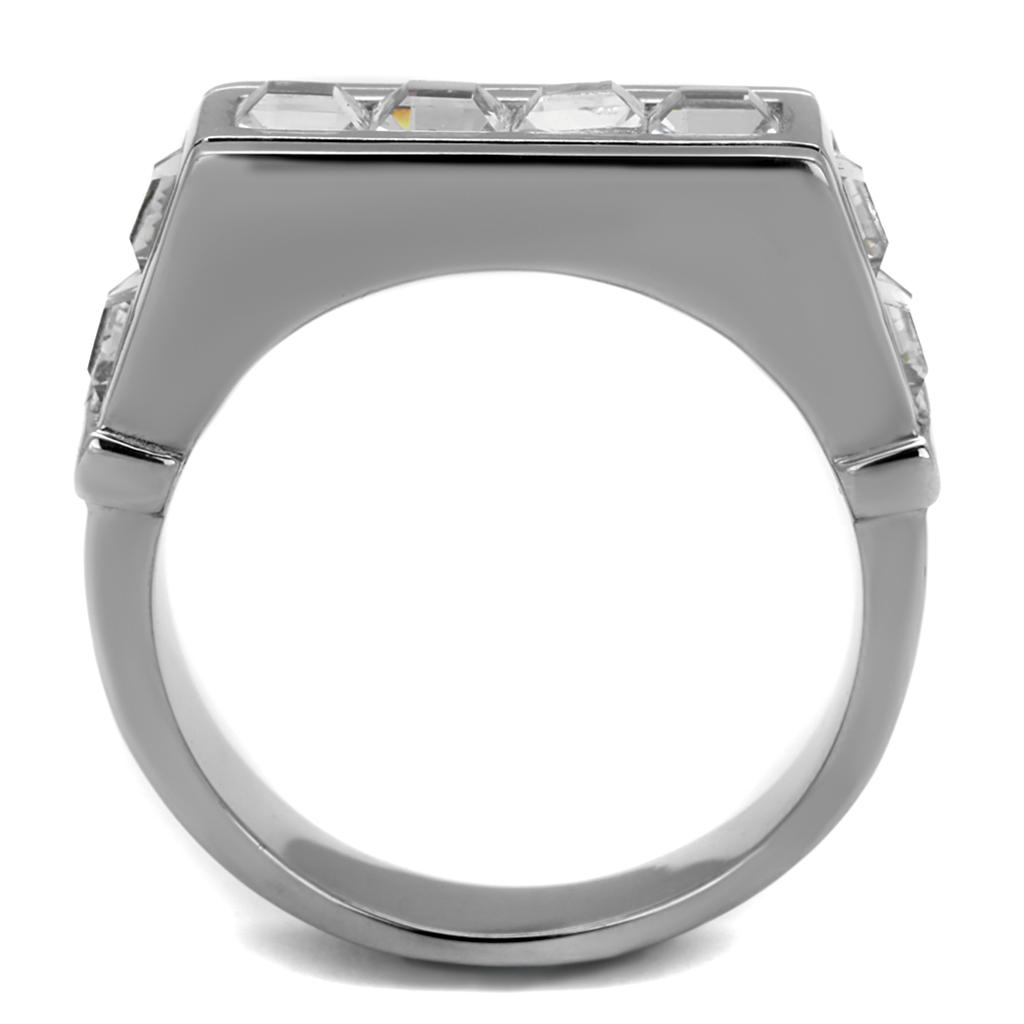 High polished stainless steel ring featuring a clear top grade crystal centerpiece, showcasing a sleek and elegant design.