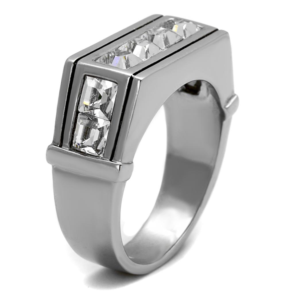 High polished stainless steel ring featuring a clear top grade crystal centerpiece, showcasing a sleek and elegant design.